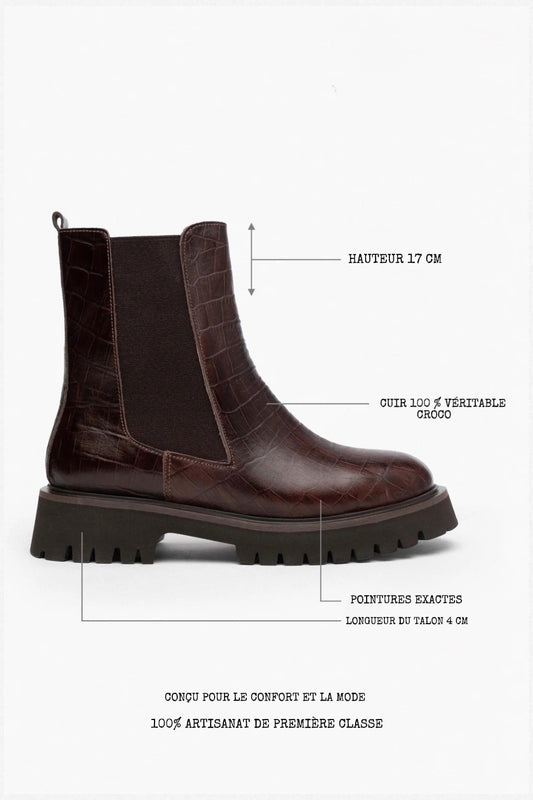 Bottines pour femmes en cuir croco marron