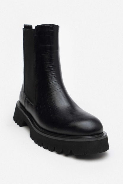 Bottes pour femmes en cuir croco noir