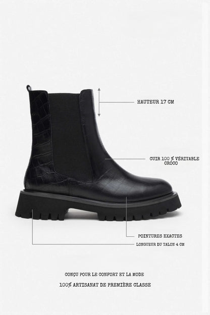 Bottines pour femmes en cuir croco noir